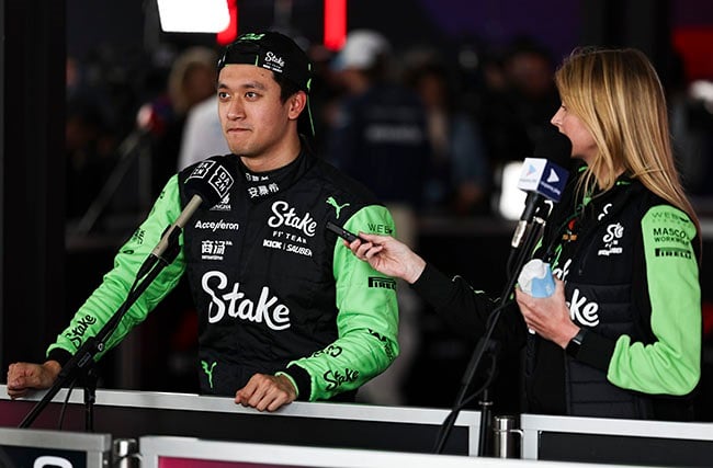 China's Zhou Guanyu of the Stake F1 Team Kick Sauber is interviewed after qualifying ahead of the Japanese GP at Suzuka International Racing Course on 6 April 2024. (Qian Jun/MB Media/Getty Images)