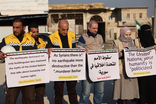 <p>Syrian humanitarian organisations' workers hold signs during a demonstration denouncing the failure of the United Nations to provide aid to rebel areas following the earthquake. </p><p>The WHO chief said yesterday that Syria's President Bashar al-Assad had voiced openness to more border crossings for aid to be brought to quake victims in the country's rebel-held northwest.<em></em></p><p><em>(PHOTO: OMAR HAJ KADOUR / AFP)</em></p>