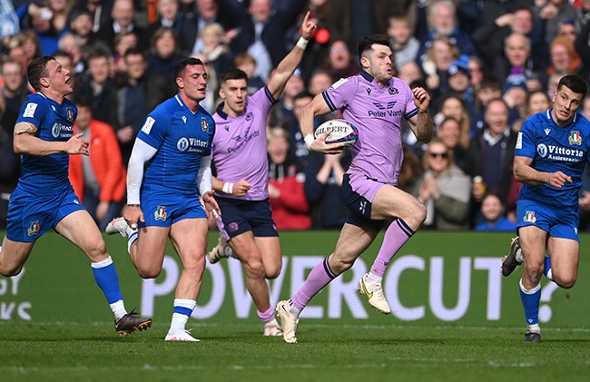 Blair Kinghorn in full flight for Scotland. (Photo by Stu Forster/Getty Images)