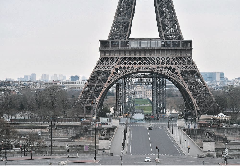 The iconic Eiffel Tower and its surroundings in Paris stand empty, following the lockdown imposed by France in reaction to the Covid-19 pandemic. The death toll from the virus in that country has hit 450, with 78 of these deaths having occurred in the past 24 hours. Picture: Getty images