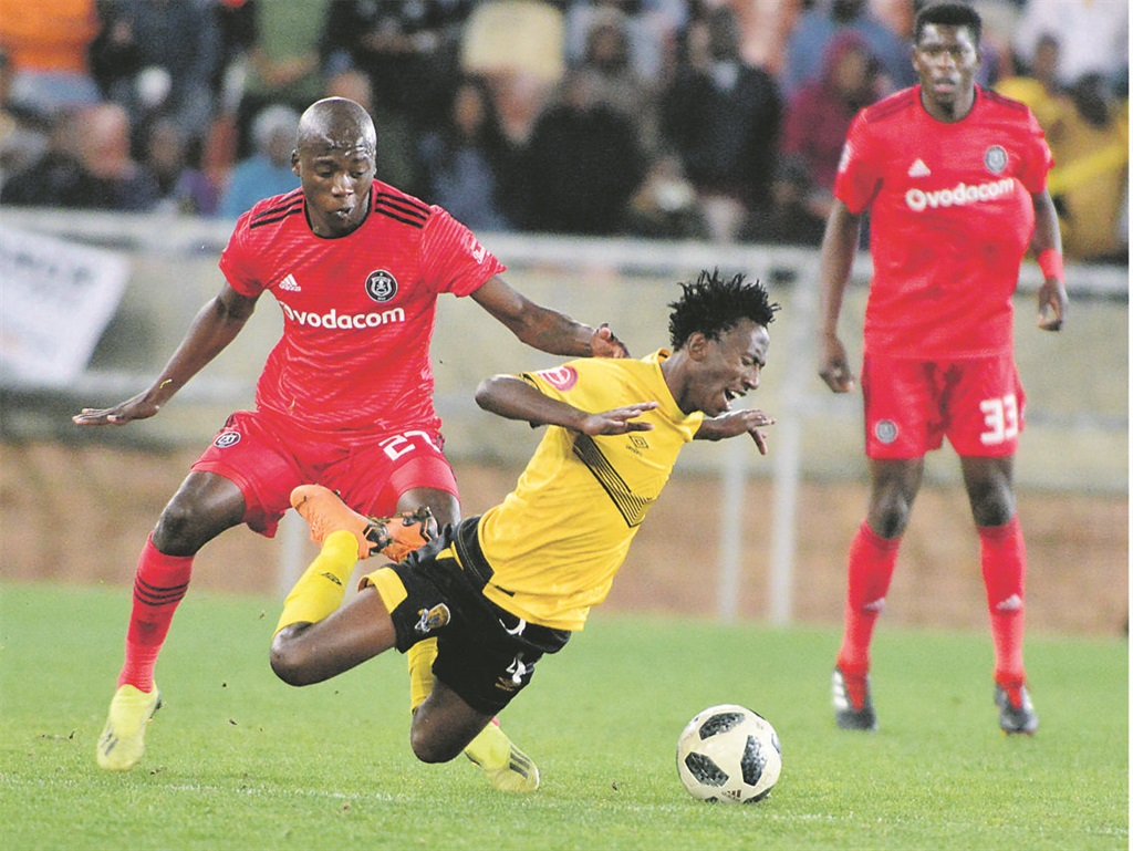 TOTAL WAR Tumelo Khutlang of Black Leopards is sent flying by Orlando Pirates midfielder Ben Motshwari in a league clash in August. The two sides will face off in the Nedbank Cup first round in Venda on Saturday. Picture: Kabelo Leputu / BackpagePix