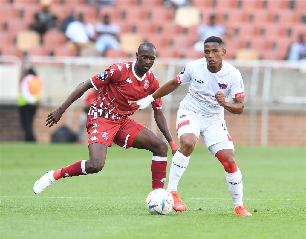POLOKWANE, SOUTH AFRICA - MARCH 18: Thabiso Lebitso of Chippa United and Nyiko Mobbie of Sekhukhune United during the DStv Premiership match between Sekhukhune United and Chippa United at Peter Mokaba Stadium on March 18, 2023 in Polokwane, South Africa. (Photo by Philip Maeta/Gallo Images),?q[|