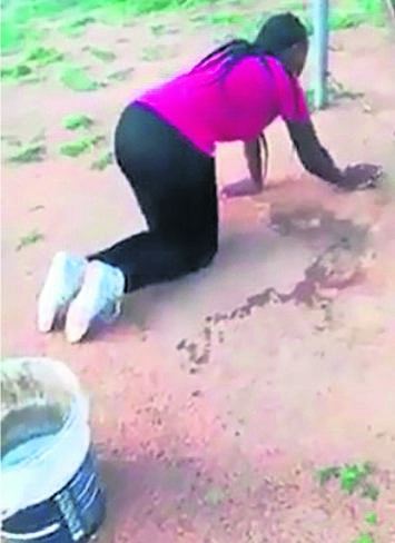 A nyatsi was made to scrub the floor after she was found messing with someone’s man. 