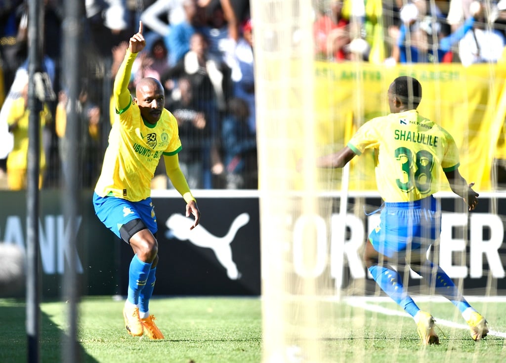 Khuliso Mudau of Mamelodi Sundowns celebrates after scoring a goal during the Nedbank Cup semi-final match between Stellenbosch FC and Mamelodi Sundowns at Danie Craven Stadium on 5 May 2024, in Stellenbosch, South Africa. (Ashley Vlotman/Gallo Images)