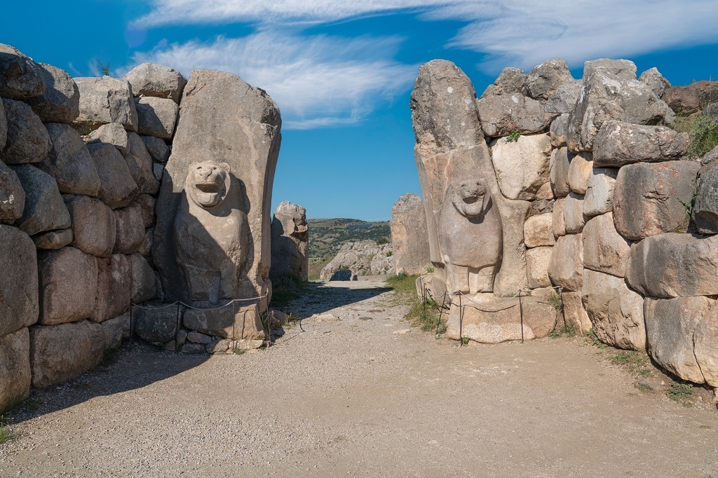The Lion Gate in the south west of Hattusa is an ancient city located near modern Bogazkale in the Corum Province of Turkeys Black Sea Region.
