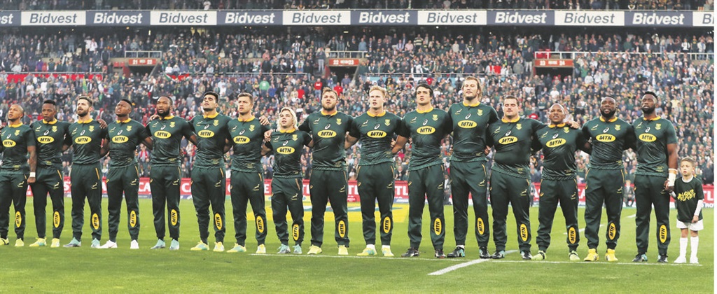 TRANSFORMATION Springbok captain Siya Kolisi (right) sings the national anthem alongside his team-mates at Ellis Park on June 9. He was appointed as the national team’s first black captain in May. Picture: David Rogers / Getty Images