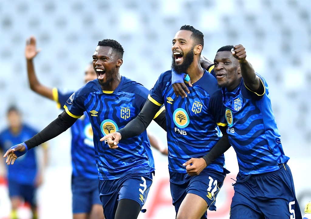 CAPE TOWN, SOUTH AFRICA - FEBRUARY 19: Taariq Fielies of CTCFC celebrates with Thato Mokeke and Fidel Ambina of CTCFC after scoring a goal during the DStv Premiership match between Cape Town City FC and Swallows FC at DHL Stadium on February 19, 2023 in Cape Town, South Africa. (Photo by Ashley Vlotman/Gallo Images)