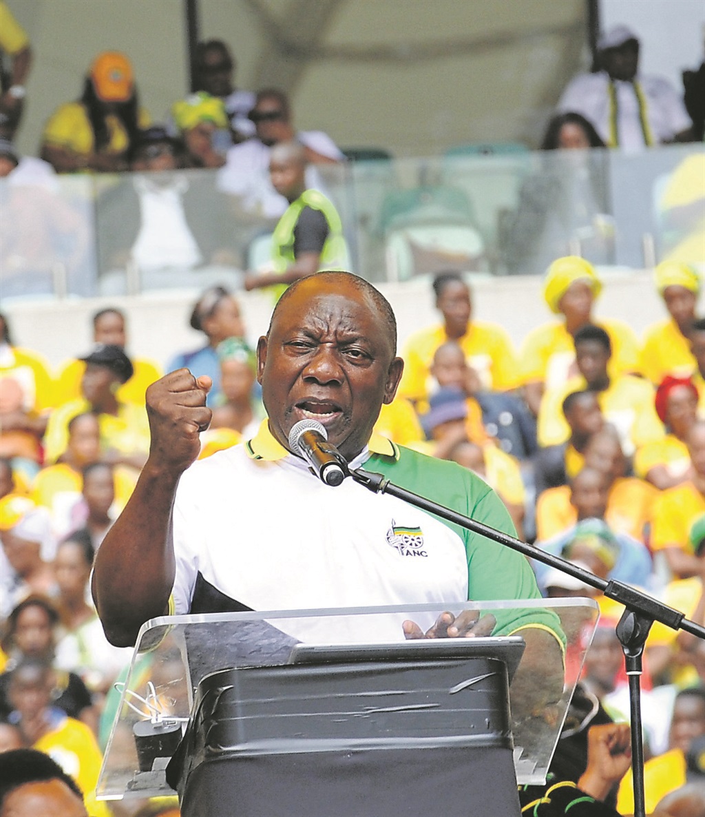 President Cyril Ramaphosa delivers the ANC’s election manifesto at Moses Mabhida Stadium in Durban. He has various political problems to take in hand, a crucial one being what to do with his predecessor, Jacob Zuma. Picture: Jabulani Langa