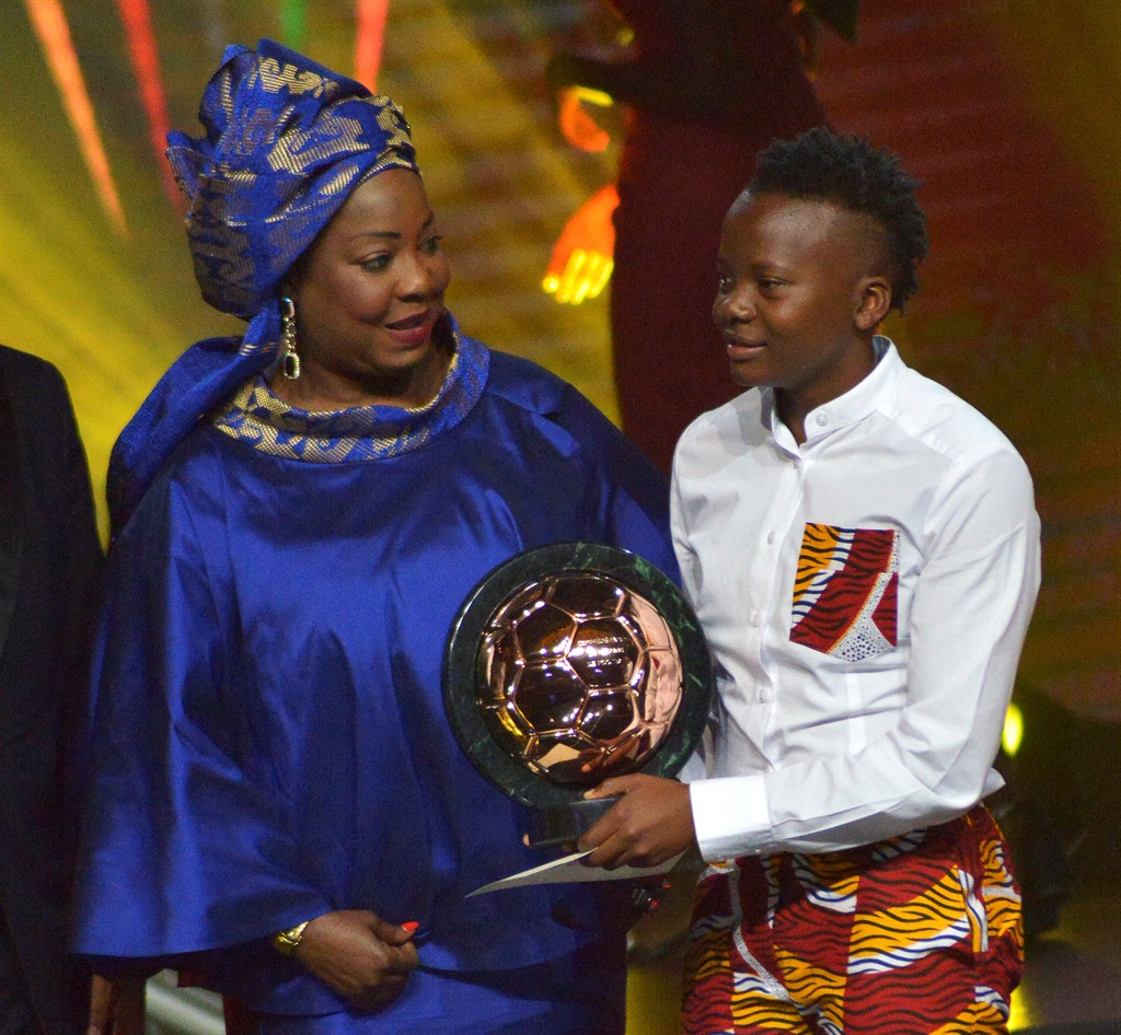 Thembi Kgatlana accepts one of her two CAF awards from Fifa secretary-general Fatma Samoura at the ceremony in Dakar, Senegal Picture: EPA / STR