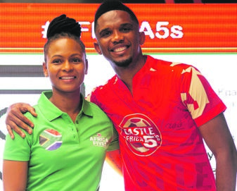 Former Banyana Banyana captain Amanda Dlamini with Samuel Eto’o at the launch of the Castle Africa 5s campaign in Soweto this week. She joined Eto’o as a competition ambassador Picture: Samuel Shivambu / BackpagePix