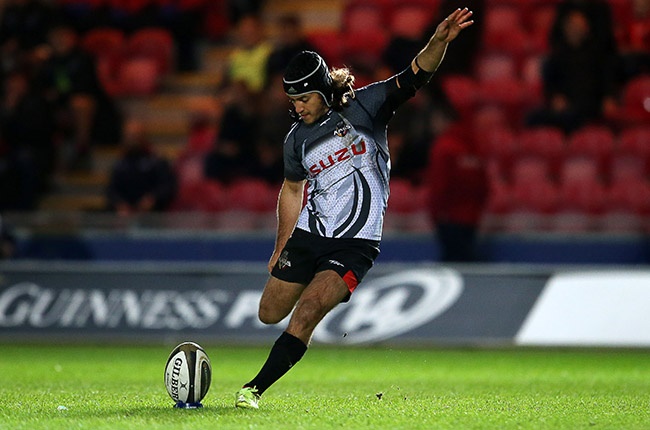 Demetri Catrakilis of the Southern Kings kicks a conversion during the PRO14 match against Llanelli Scarlets at Parc y Scarlets in Llanelli on 23 February 2020. 