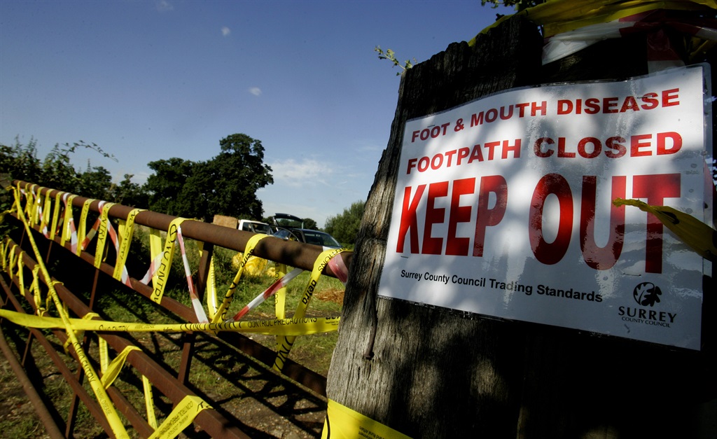 Signs and yellow tape around a farm where foot-and-mouth disease was confirmed. Picture: AP Photo/ Kirsty Wigglesworth 