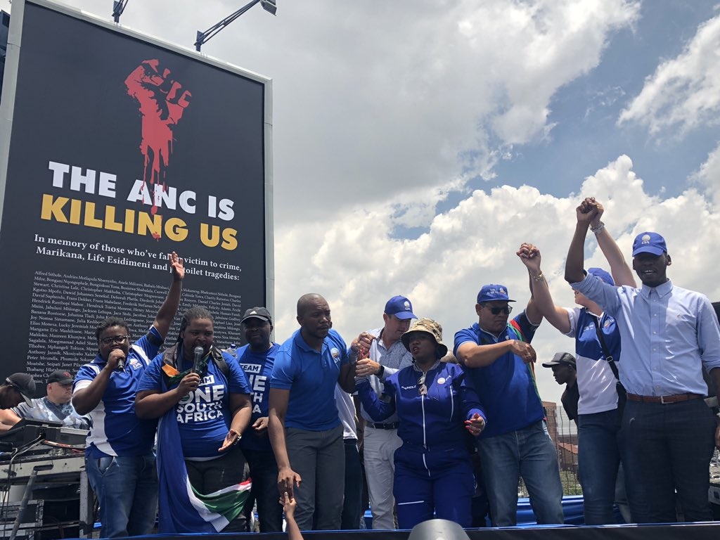 DA leader Mmusi Maimane unveiled a billboard listing the names of those who died at Marikana, in the Life Esidimeni tragedy and the children who drowned after falling into pit latrines. 