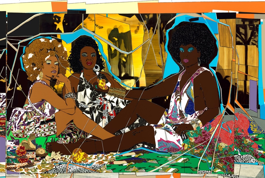 Detail from Mickalene Thomas’s ‘Le Dejeuner sur l’herbe: Les trois femmes noires’ which is part of a show called ‘Femmes Noires’ currently at the Art Gallery of Ontario. The Rachel and Jean-Pierre Lehmann Collection © Mickalene Thomas