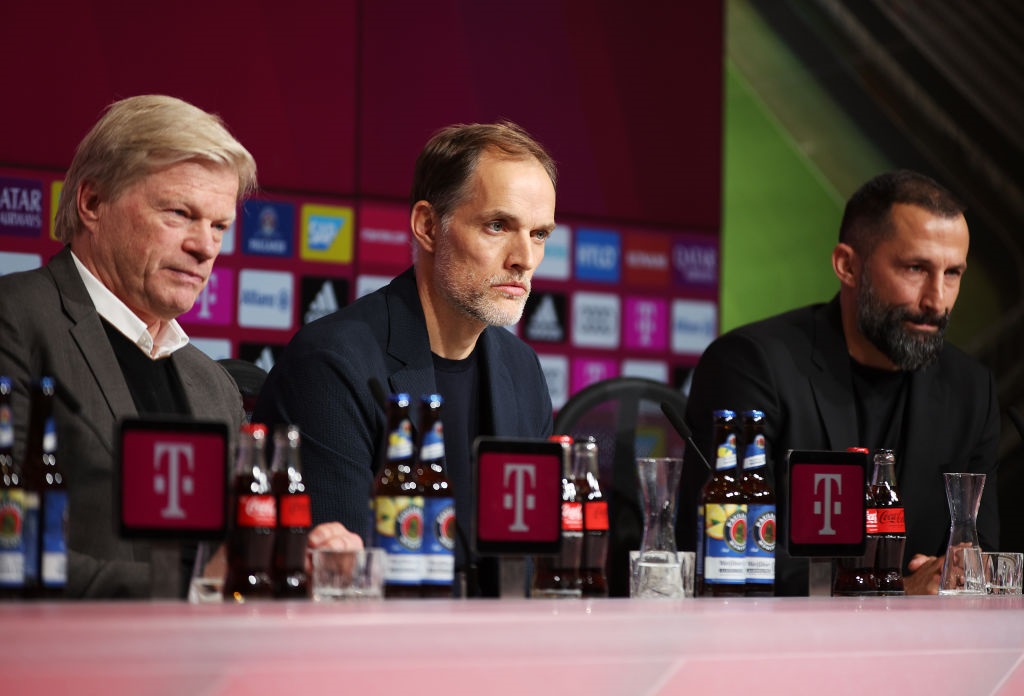 MUNICH, GERMANY - MARCH 25: Oliver Kahn CEO of FC Bayern Munich and newly signed head coach Thomas Tuchel of Bayern Munich speak to the media during a press conference to announce the new signing of a head coach at Allianz Arena on March 25, 2023 in Munich, Germany. (Photo by Adam Pretty/Getty Images)