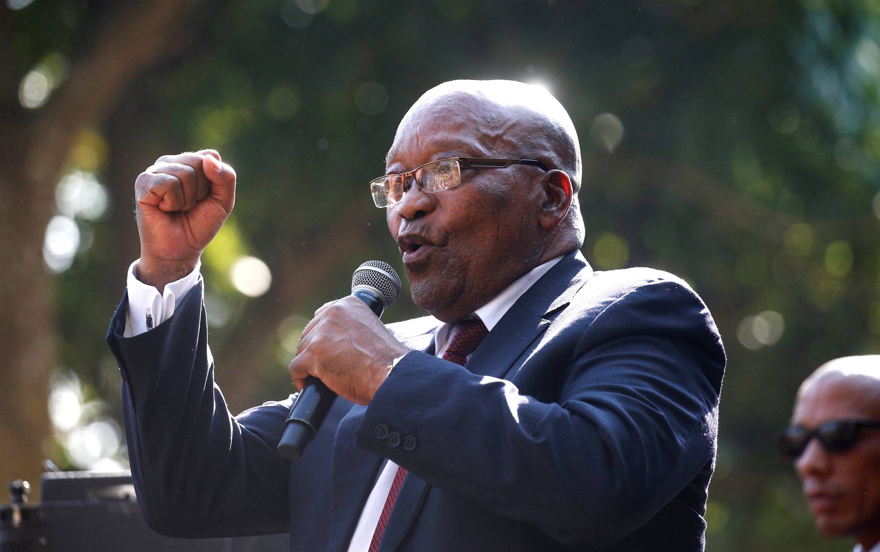 Jacob Zuma speaks to supporters after his appearance in the high court in Pietermaritzburg, where he is facing charges that include fraud, corruption and racketeering. Picture: Rogan Ward/Reuters