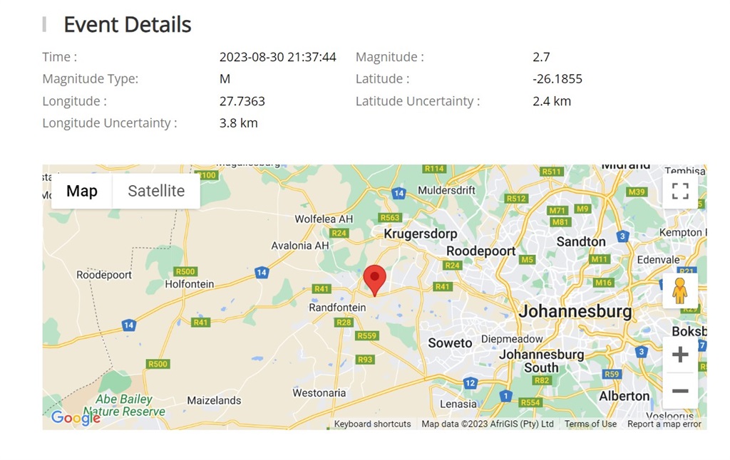 Three tremors were recorded in Johannesburg on Wed