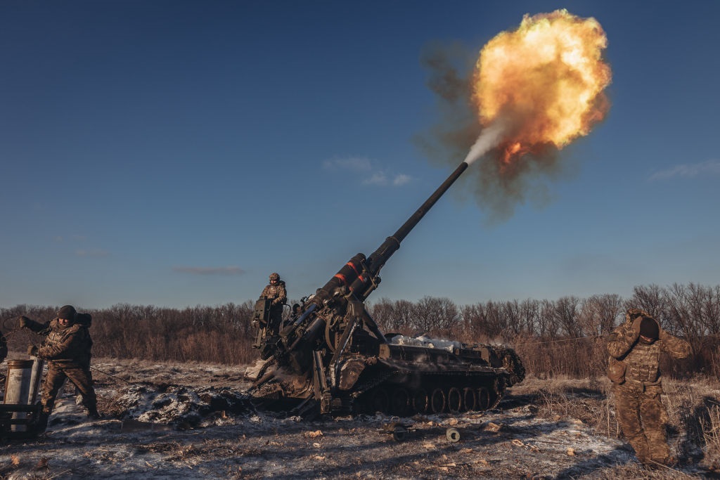 Ukrainian soldiers working with 'pion' artillery in the northern direction of the Donbass frontline as the Russia-Ukraine war continued in Donetsk, Ukraine on 7 January 2023. (Diego Herrera Carcedo/Anadolu Agency via Getty Images)