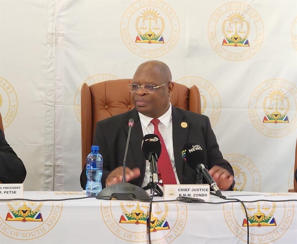 Chief Justice Raymond Zondo speaks at a media briefing at the Constitutional Court on Friday.