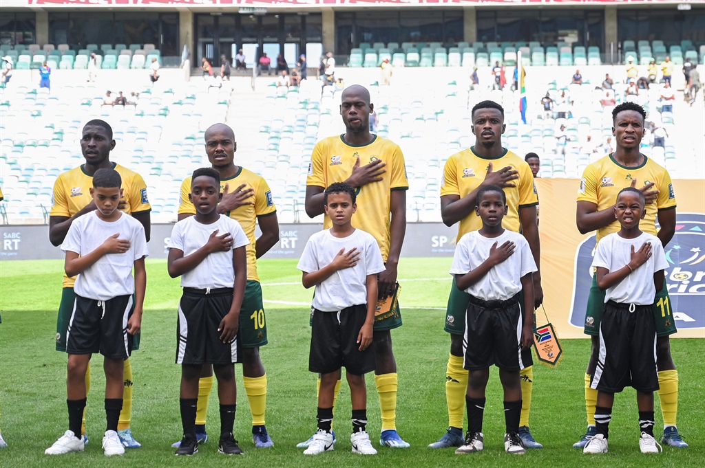 Teams sing national anthems during the 2026 FIFA World Cup, Qualifier match between South Africa and Benin at Moses Mabhida Stadium on November 18, 2023 in Durban, South Africa. 