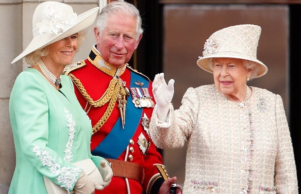 Duchess of Cornwall, Prince Charles, and Queen Elizabeth II at Trooping the Colour. (Getty Images)