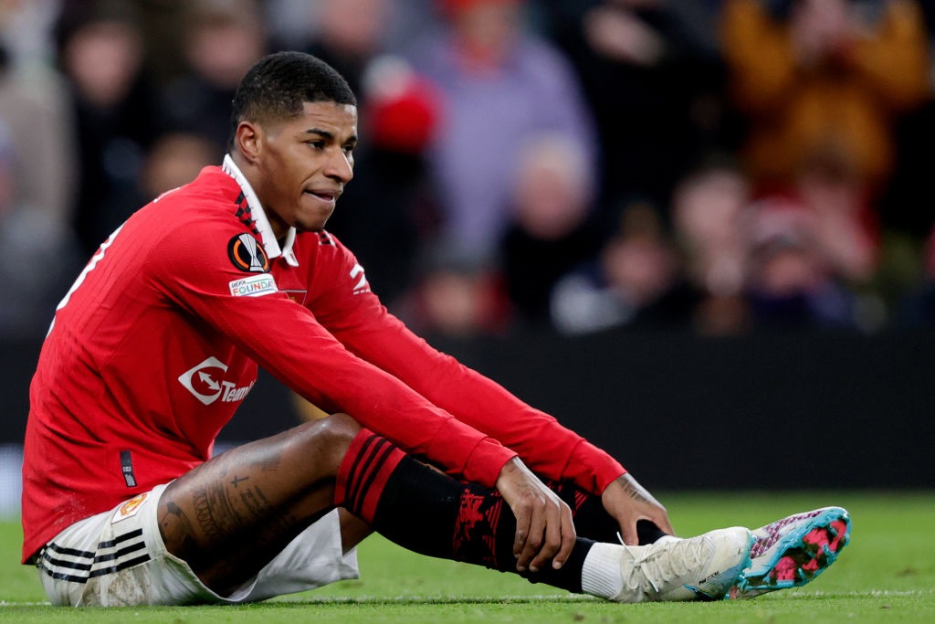 MANCHESTER, UNITED KINGDOM - FEBRUARY 23: Marcus Rashford of Manchester United disappointed   during the UEFA Europa League   match between Manchester United v FC Barcelona at the Old Trafford on February 23, 2023 in Manchester United Kingdom (Photo by David S. Bustamante/Soccrates/Getty Images)