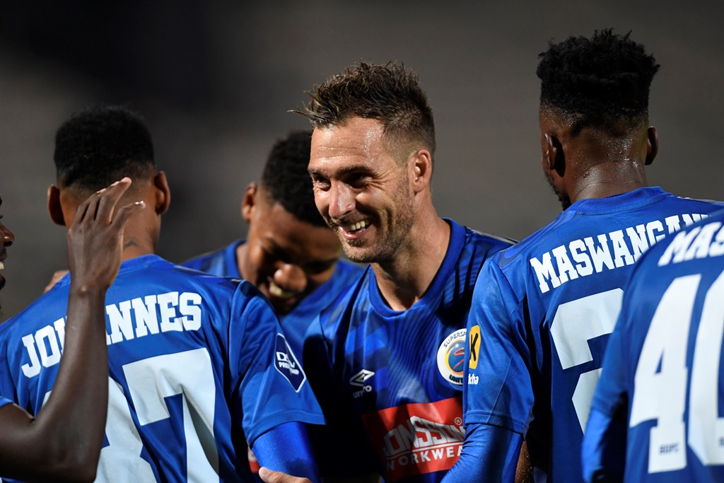 PRETORIA, SOUTH AFRICA - FEBRUARY 24:  Bradley Grobler celebrates his goal with teammates during the DStv Premiership match between SuperSport United and Maritzburg United at Lucas Moripe Stadium on February 24, 2023 in Pretoria, South Africa. (Photo by Lefty Shivambu/Gallo Images)