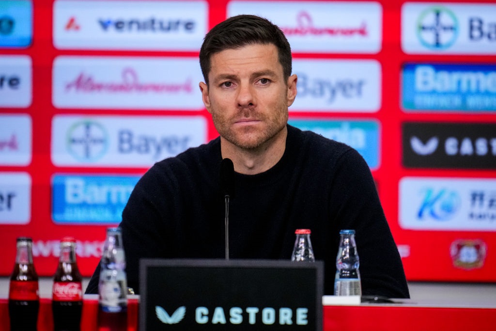 LEVERKUSEN, GERMANY - FEBRUARY 10: Bayer 04 Leverkusen head coach Xabi Alonso attends a press conference after the Bundesliga match between Bayer 04 Leverkusen and FC Bayern MÃ¼nchen at BayArena on February 10, 2024 in Leverkusen, Germany. (Photo by Rene Nijhuis/MB Media/Getty Images)