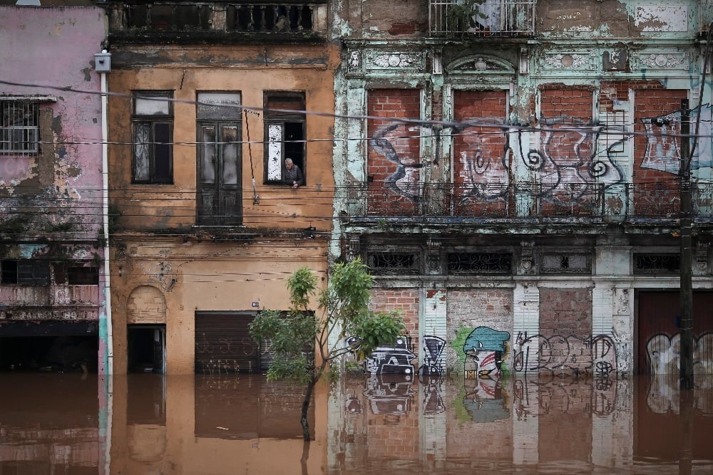 View of a flooded street in the historic center of Porto Alegre, Rio Grande do Sul state, Brazil on 5 May 2024. (Anselmo Cunha/AFP)