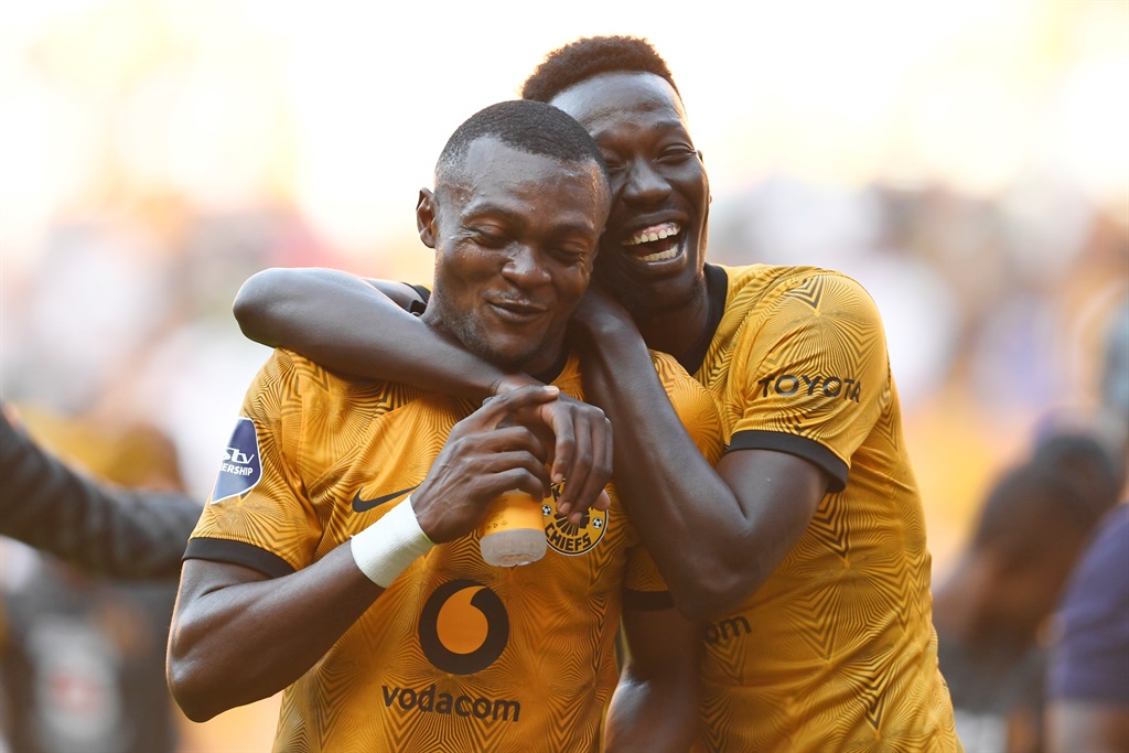 Christian Saile and Caleb Bimenyimana of Kaizer Chiefs  celebrates during the DStv Premiership match between Kaizer Chiefs and Orlando Pirates at FNB Stadium on February 25, 2023 in Johannesburg, South Africa. 