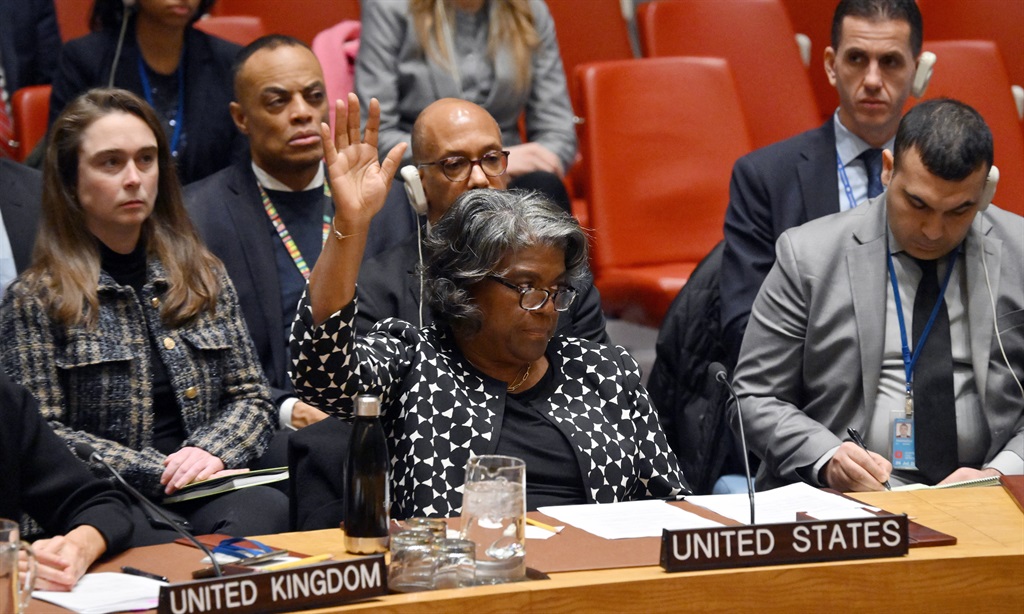 US Ambassador to the UN Linda Thomas-Greenfield casts a veto vote during a UN Security Council meeting on the Israel-Hamas war, at UN Headquarters in New York City on 20 February 2024. The US vetoed a UN Security Council resolution on Tuesday that called for an immediate ceasefire in Gaza, even as President Joe Biden faced mounting pressure to dial back support for Israel. 
