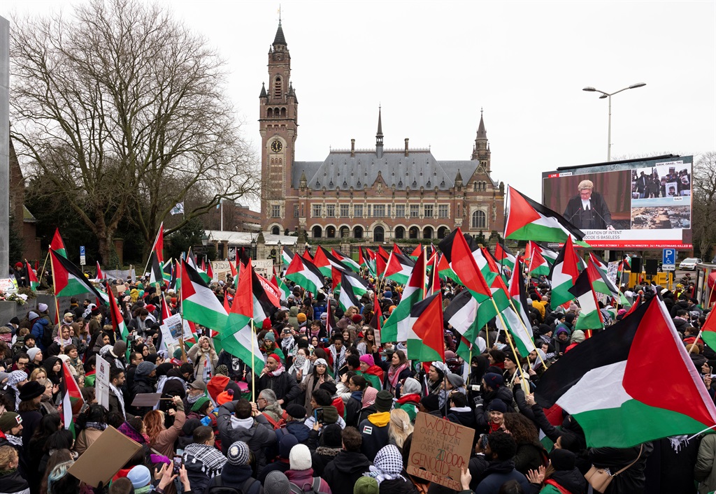 Pro-Palestinian protesters outside the International Court of Justice on 12 January 2024 in The Hague, Netherlands. 