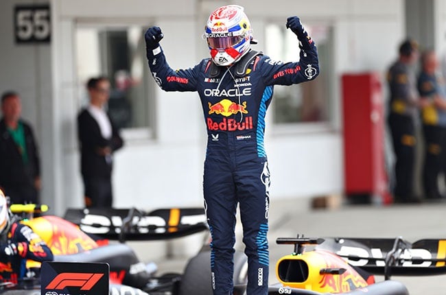 Dutch driver Max Verstappen celebrates his Japanese Grand Prix win at Suzuka International Racing Course. (Peter Fox/Getty Images)