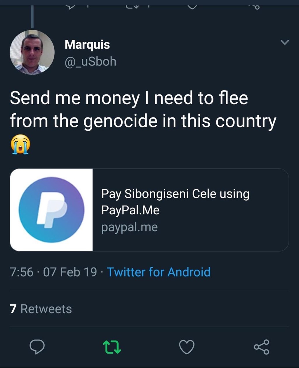 @_uSboh asking for money to flee the country on Tw