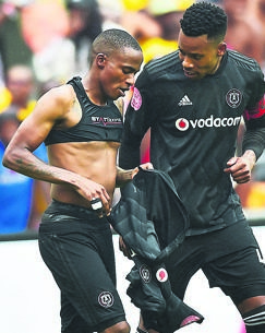 Bucs’ Thembinkosi Lorch was called to order by captain Happy Jele for removing his jersey after scoring a crucial goal against Kaizer Chiefs on Saturday. Photo by Themba Makofane