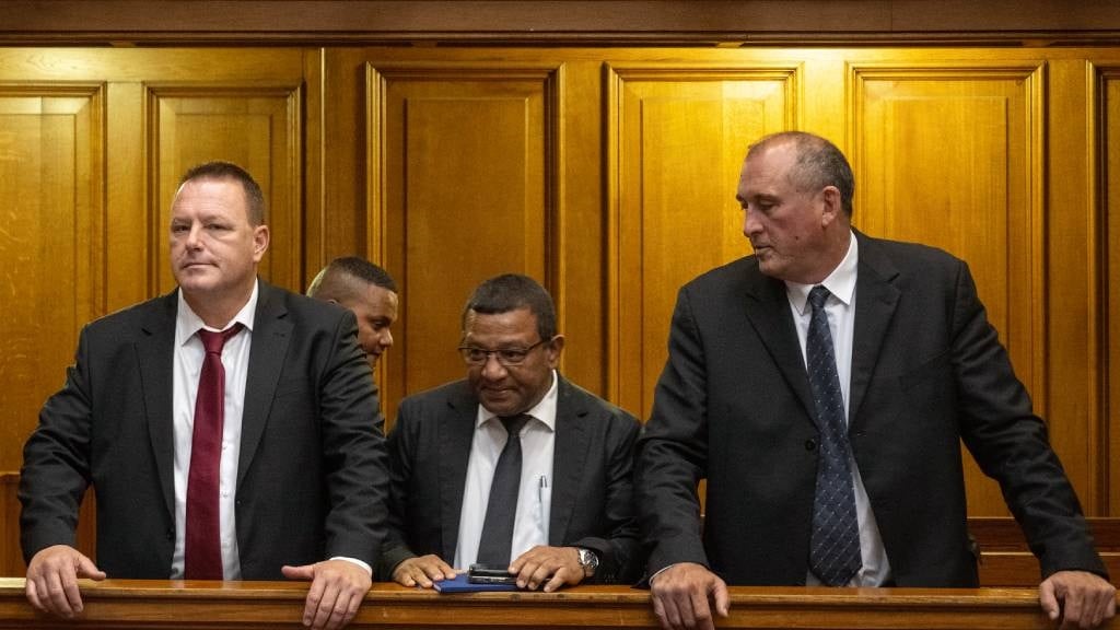 Mark Lifman, Jerome Booysen, and Andre Naude appear in the Western Cape High Court. (Jaco Marais/Gallo Images/Die Burger)