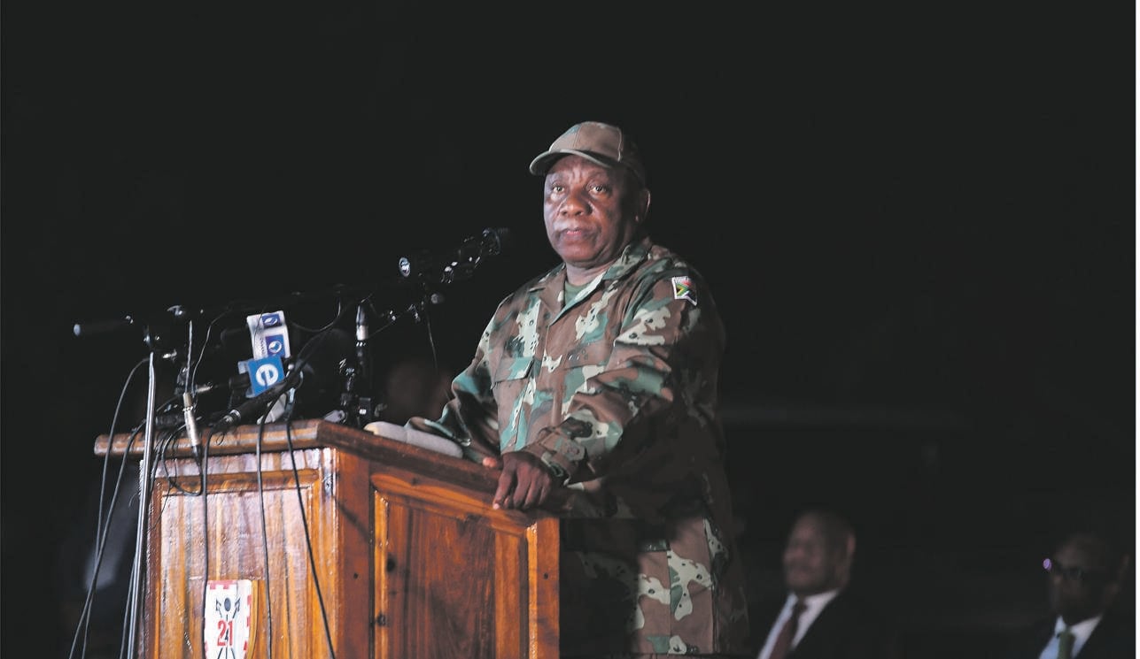 President Cyril Ramaphosa addressed the army in Doornkop, Soweto, before it was deployed to assist in the lockdown in an effort to fight the spread of the Covid-19 coronavirus. Picture: Felix Dlangamandla