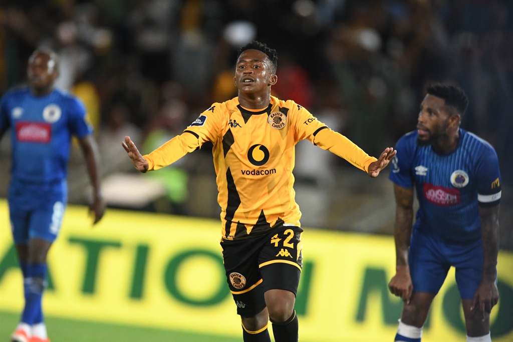 Mduduzi Shabalala celebrates a goal during the DStv Premiership match between Kaizer Chiefs and  SuperSport United at Peter Mokaba Stadium on 27 April 2024 in Polokwane, South Africa.