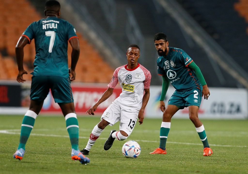 PRETORIA, SOUTH AFRICA - MARCH 08:Seema Katiso of Dondol Stars in acation with  Abbubaker Mobara  and Bonginkosi Ntuli of Amazulu FC during the Nedbank Cup last 16 match between Dondol Stars and AmaZulu FC at FNB Stadium on March 08, 2023 in Pretoria, South Africa. (Photo by Gallo Images)