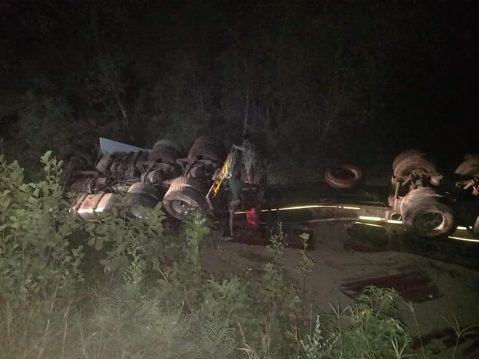 A truck flipped over after hitting a hippo.