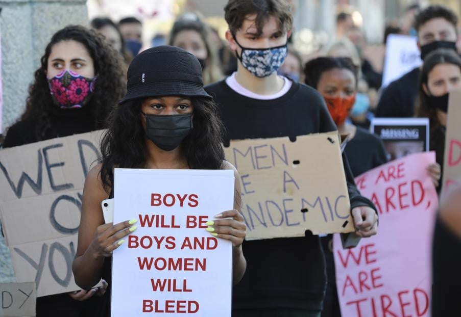Demonstrators against gender-based violence protest outside Parliament in June. 