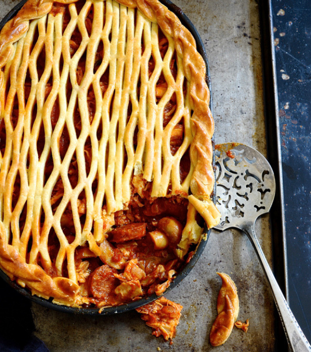 Spanish chicken pie with chorizo and sweet peppers