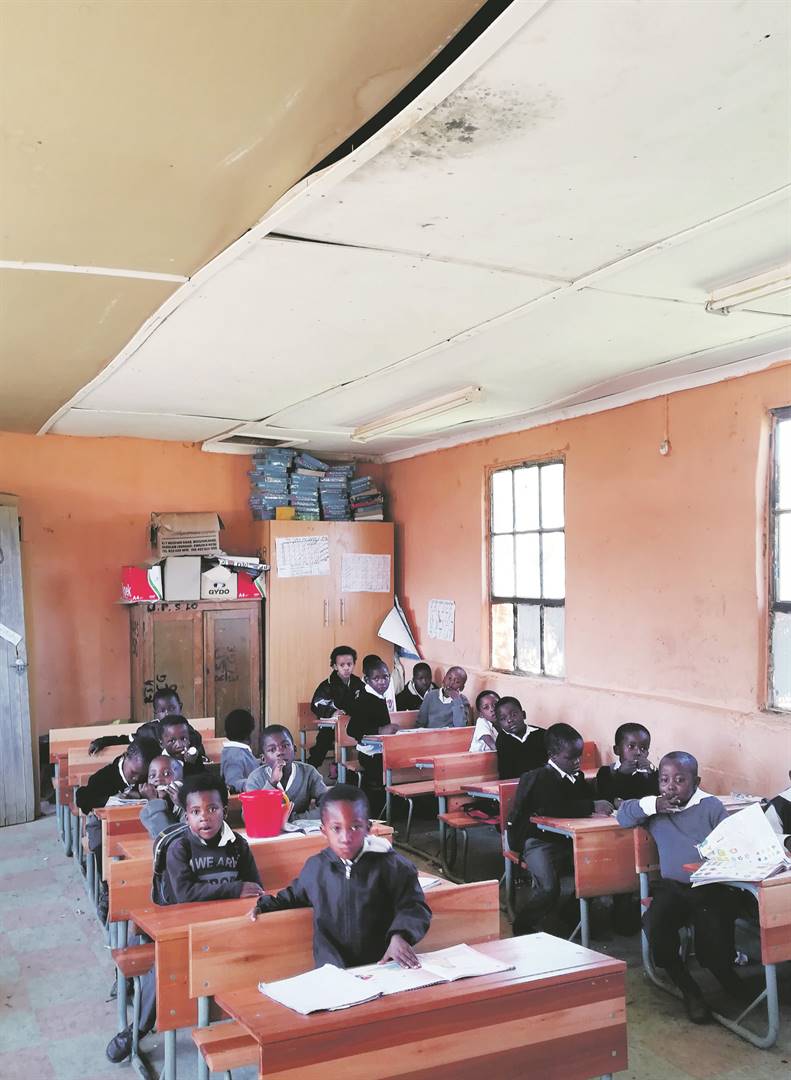 Walls of a Grade 1 classroom at Upper Mvenyane school are held together by wire to prevent collapse. A classroom fell apart in January. Picture: Lubabalo Ngcukana/City Press