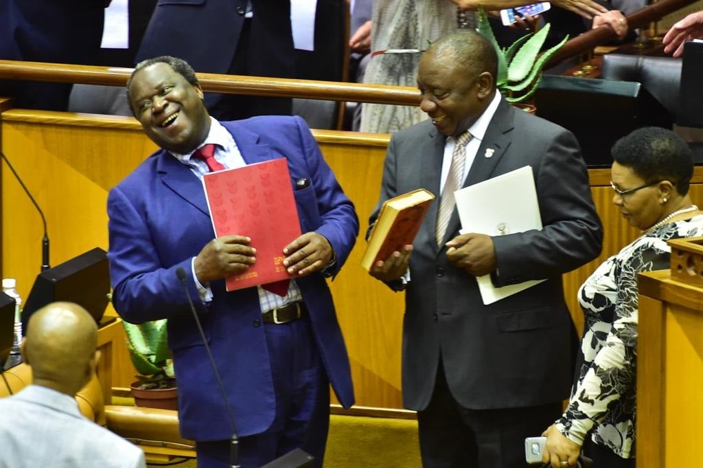 Finance Minister Tito Mboweni shares a laugh with President Cyril Ramaphosa before delivering his budget speech on February 20 2019. Picture: GCIS