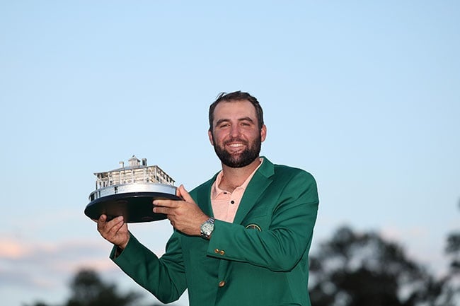 Scottie Scheffler of the United States poses with the Masters trophy after winning the Masters Tournament at Augusta National Golf Club on 14 April 2024. (Warren Little/Getty Images)
