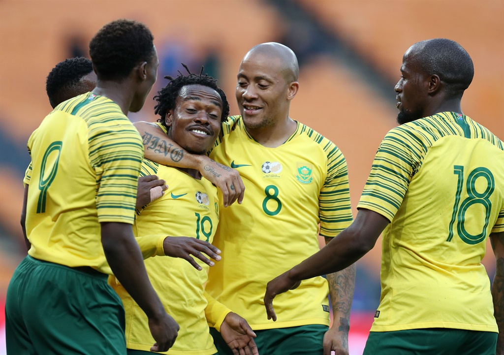 Percy Tau of South Africa celebrates goal with teammates 