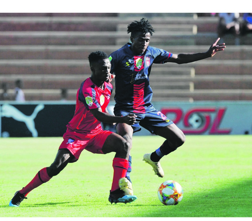 TS Galaxy defender Terrence Mashego tracks Kizito Obi of Cosmos during their Nedbank Cup encounter last weekend. The teams face off in a league tie today. Picture: Sydney Mahlangu /BackpagePix