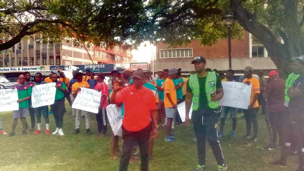 A group of Safa eThekwini SAB League club owners picketing at the Sugar Ray Xulu Stadium last Saturday, causing an ABC Motsepe League match to be abandoned