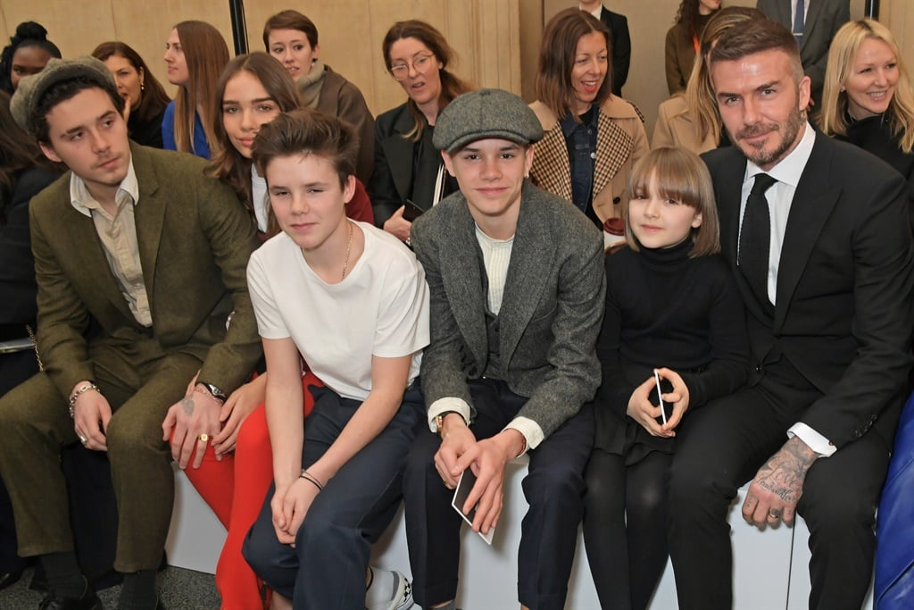Brooklyn Beckham, Hana Cross, Cruz Beckham, Romeo Beckham, Harper Beckham and David Beckham attend the Victoria Beckham show during London Fashion Week February 2019 