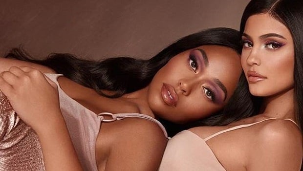 Kylie and Jordyn pose for their beauty product collaboration